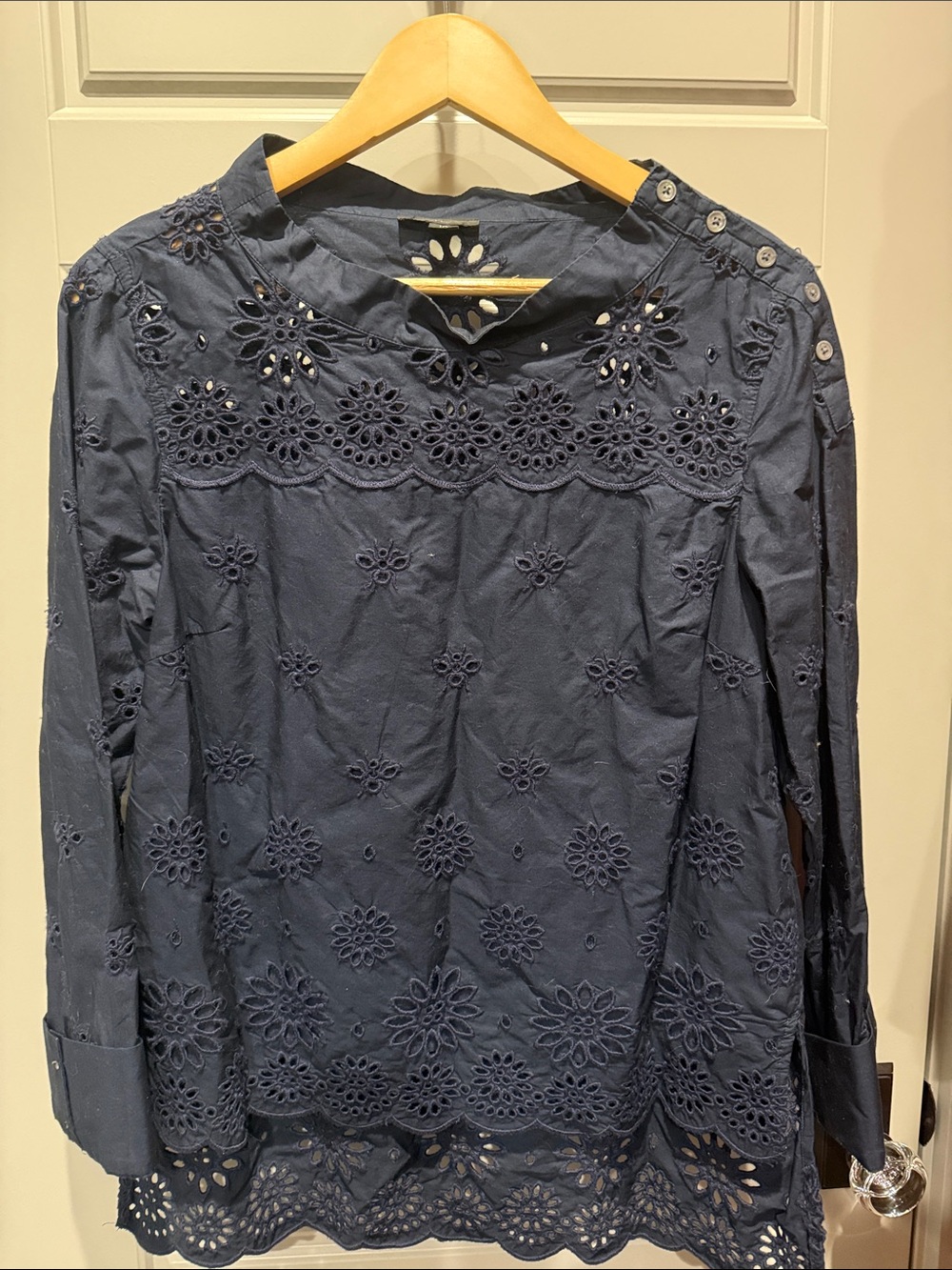 J. Crew Navy Eyelet Button-Shoulder Cotton Blouse